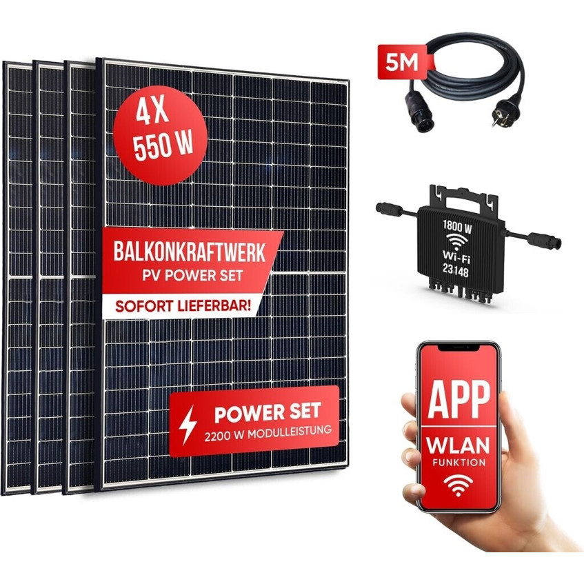 Jet-Line 2200W Solaranlage für Balkon und Dach | 4x 550Wp Module | HERF-1800 Wechselrichter | 5m Schuko-Netzkabel
