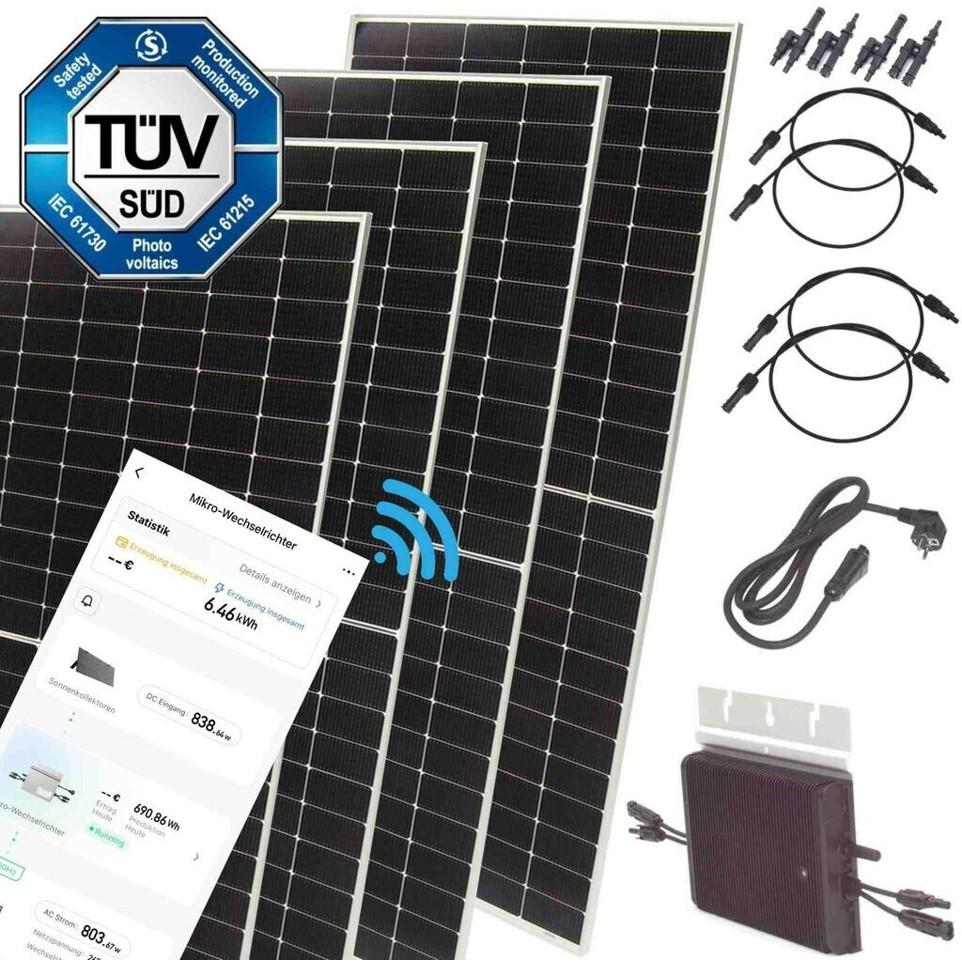 Apex Solar 2400W Photovoltaikanlage - 4 x 600Wp Module inkl. 800W Wechselrichter & 1,9m Schuko-Kabel