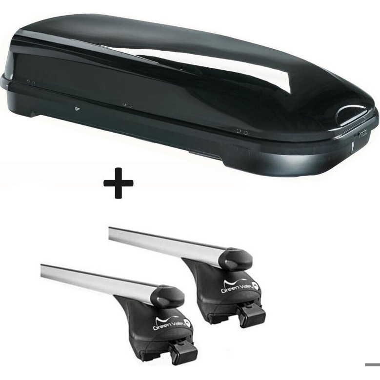Dachbox VDP JUFL580 - 580 Liter, schwarz, abschließbar + Alu-Relingträger für Audi Q7 (2006-2015) - Set mit Quick Aufliegendem Relingträger