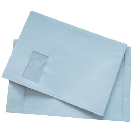 Faltentasche DIN C4 mit Fenster - Haftklebend, 120g/qm, Weiß, 20 mm Klotzboden